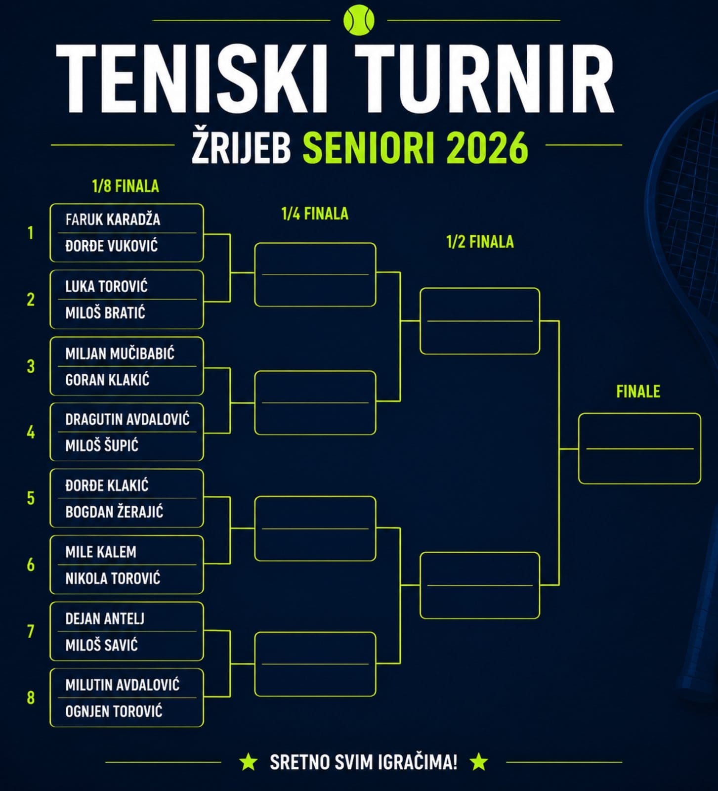 Žrijeb seniori Tenis - 151. Nevesinjska olimpijada 2026
