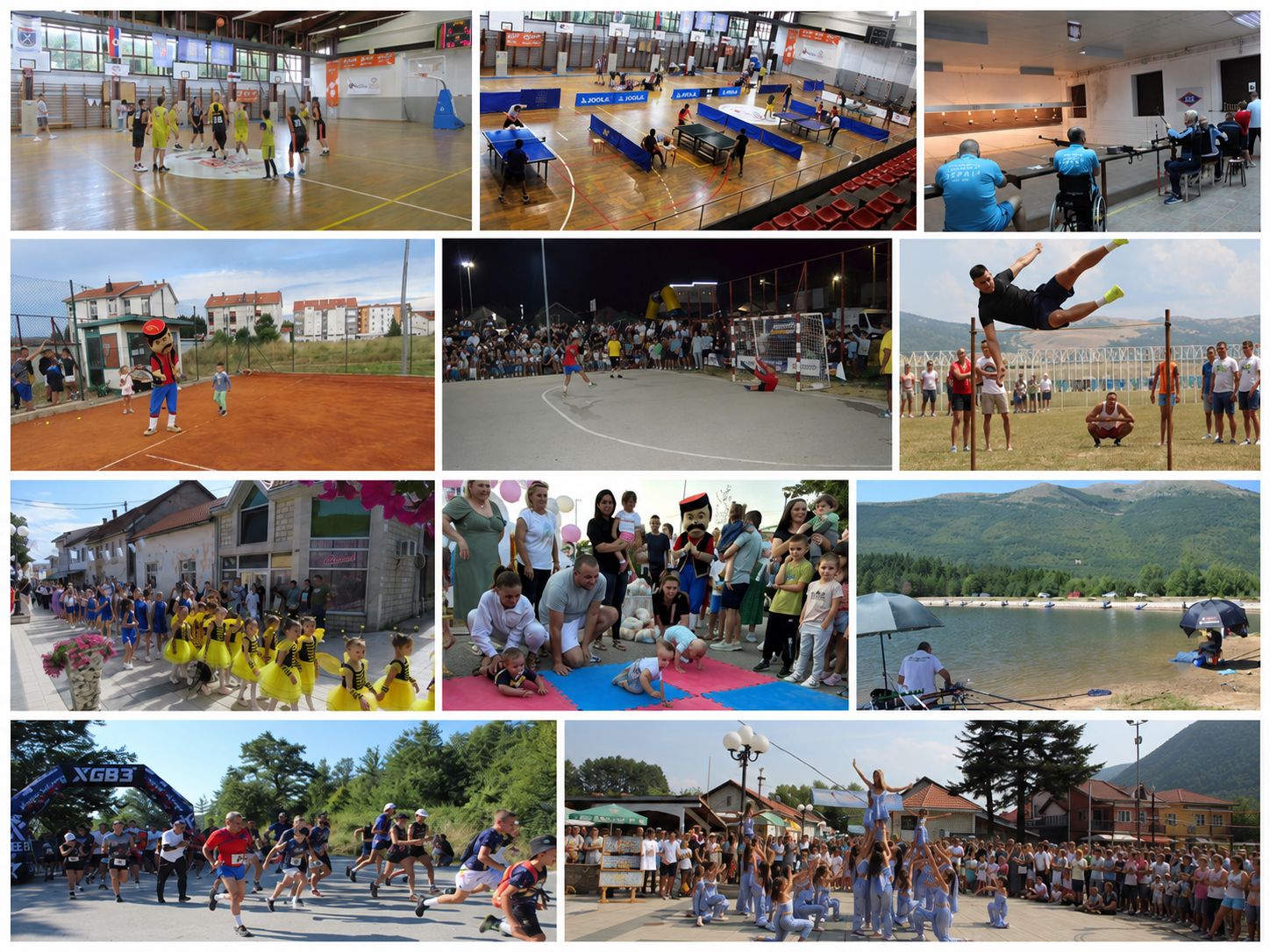 Collage of Nevesinje Olympics events featuring cultural performances, a cycling race, a mountain race, pole climbing, basketball, futsal, tennis, and a view of the Nevesinje field.